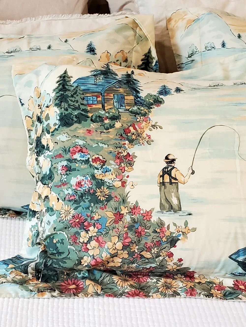 3 Vintage Pillow Shams Fisherman/Cabin/Mountains Creamy Ivory/Blues EUC
